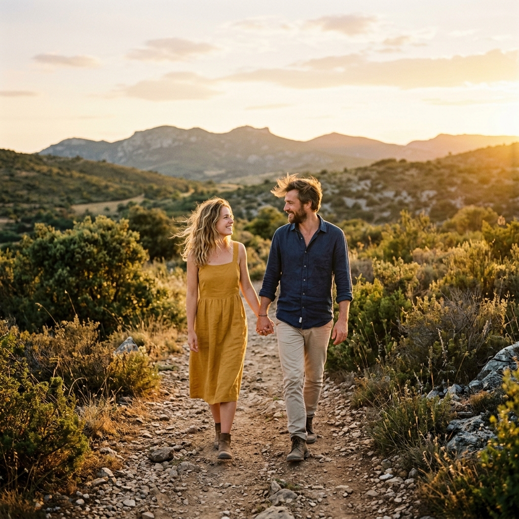 Couple amoureux marchant dans la garrigue des Corbières au coucher du soleil