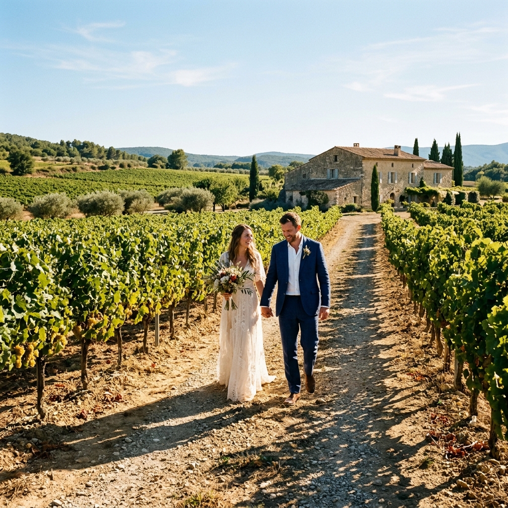 Mariage en plein soleil d'été en Occitanie au milieu des vignes d'un domaine viticole biterrois, style reportage spontané