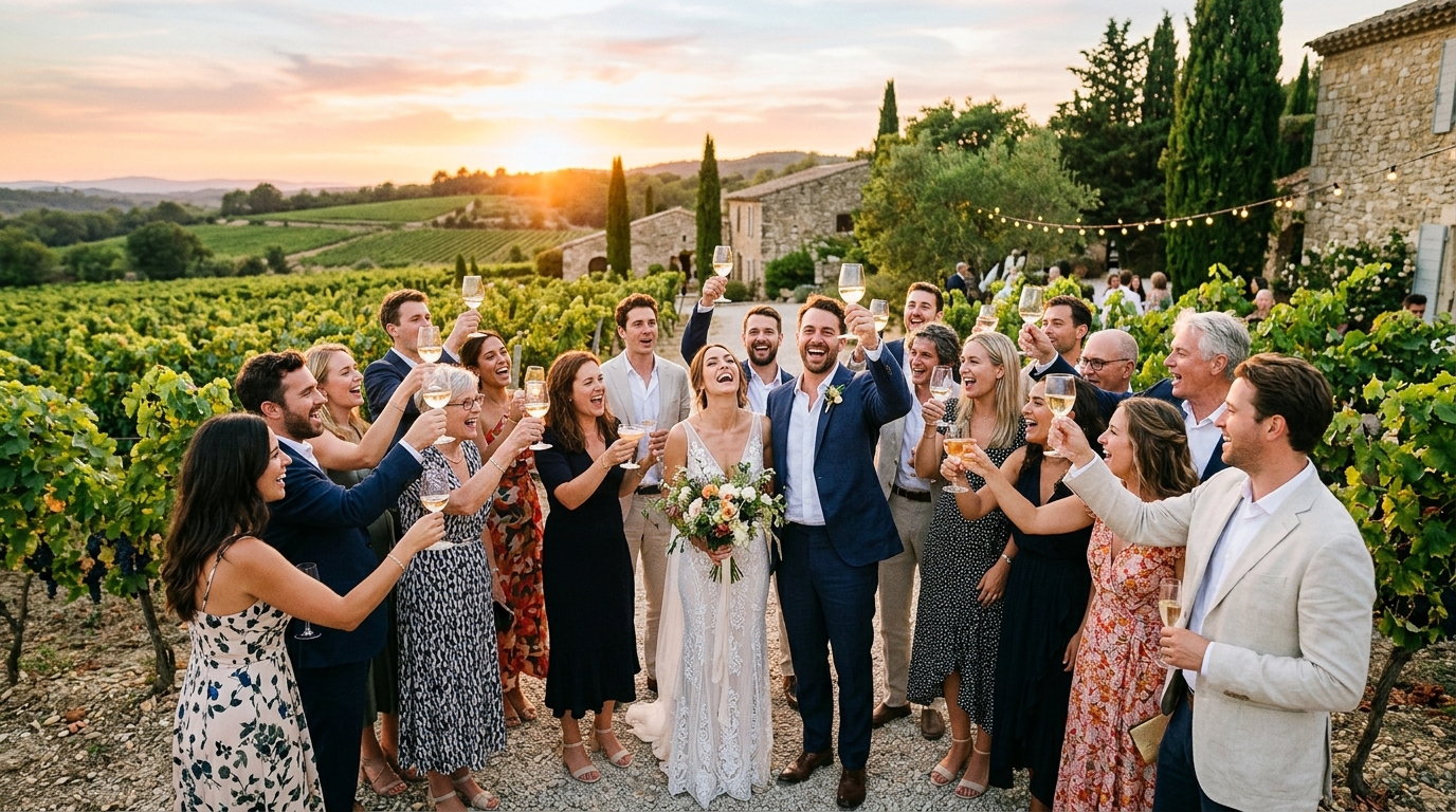 Une photo de groupe moderne et joyeuse de mariés entourés de leurs amis qui rient et trinquent en extérieur lors du vin d'honneur au coucher du soleil