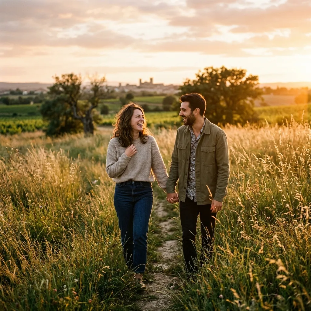 Couple complice marchant main dans la main dans un champ d'herbes folles au coucher du soleil près de Béziers