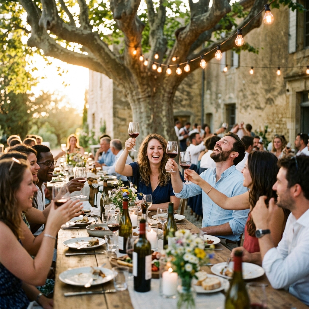 Dîner de bienvenue en extérieur sous les guirlandes guinguettes à Narbonne