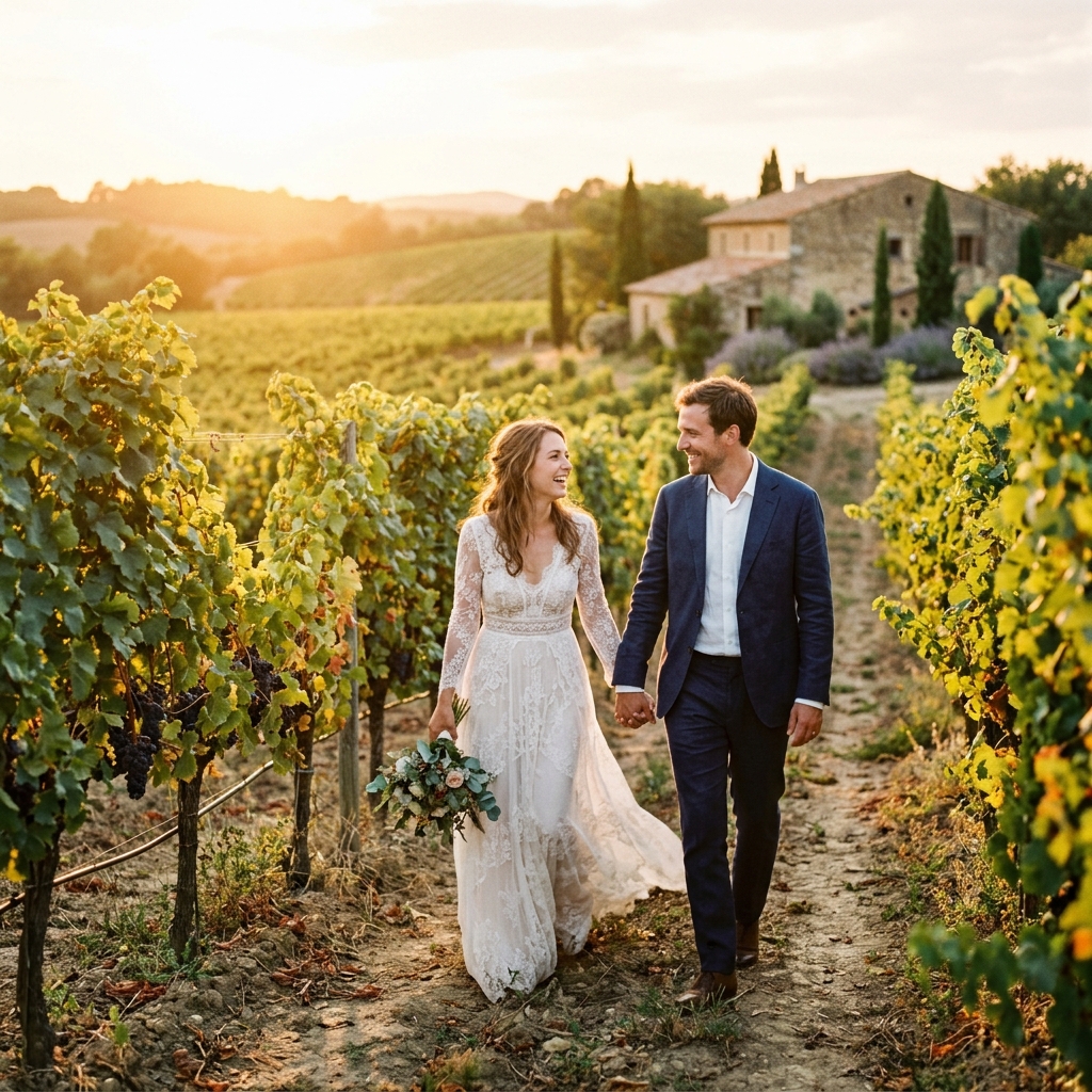 Mariés marchant main dans la main dans un vignoble audois au coucher du soleil