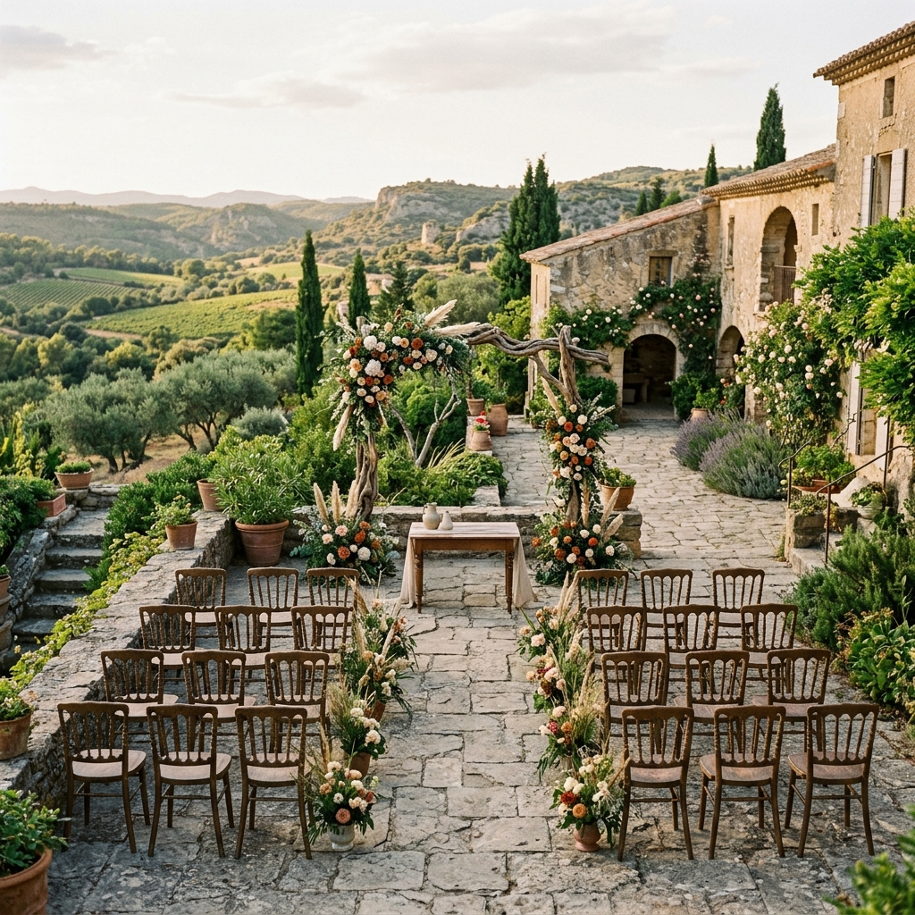 Scénographie rustique chic d'une cérémonie laïque dans les jardins d'un domaine en pierre de l'Aude