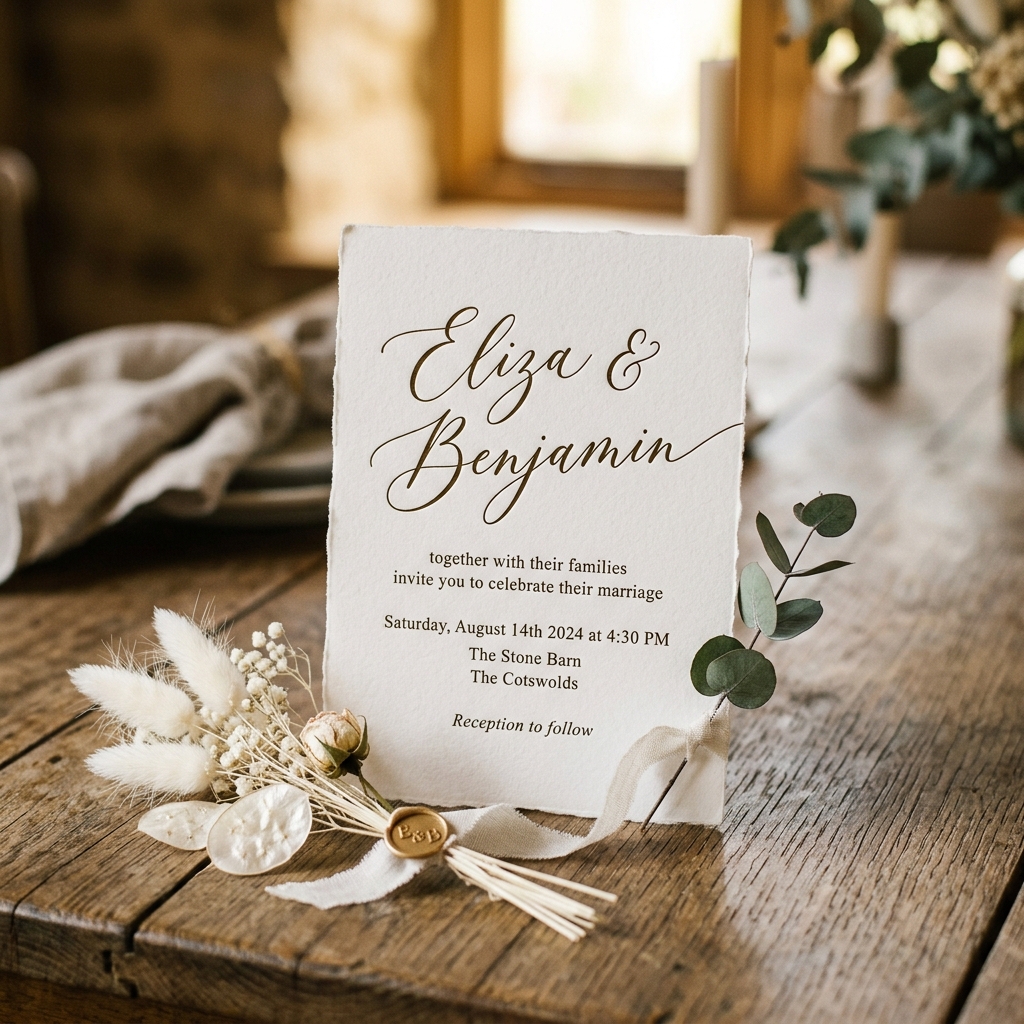 Gros plan minimaliste et élégant sur un carton d'invitation séparé posé sur une table en bois avec fleurs séchées