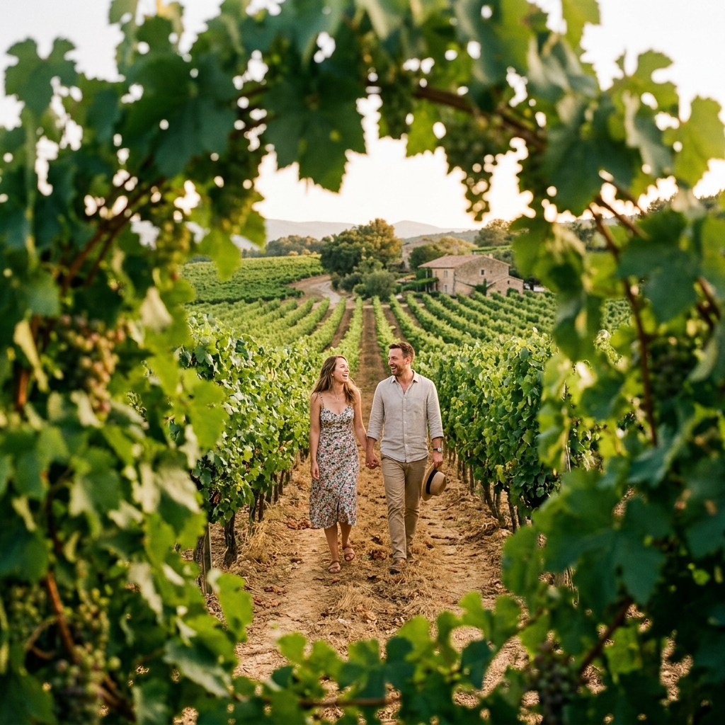 Couple marchant dans les vignes de l'Aude avec feuilles de vigne au premier plan