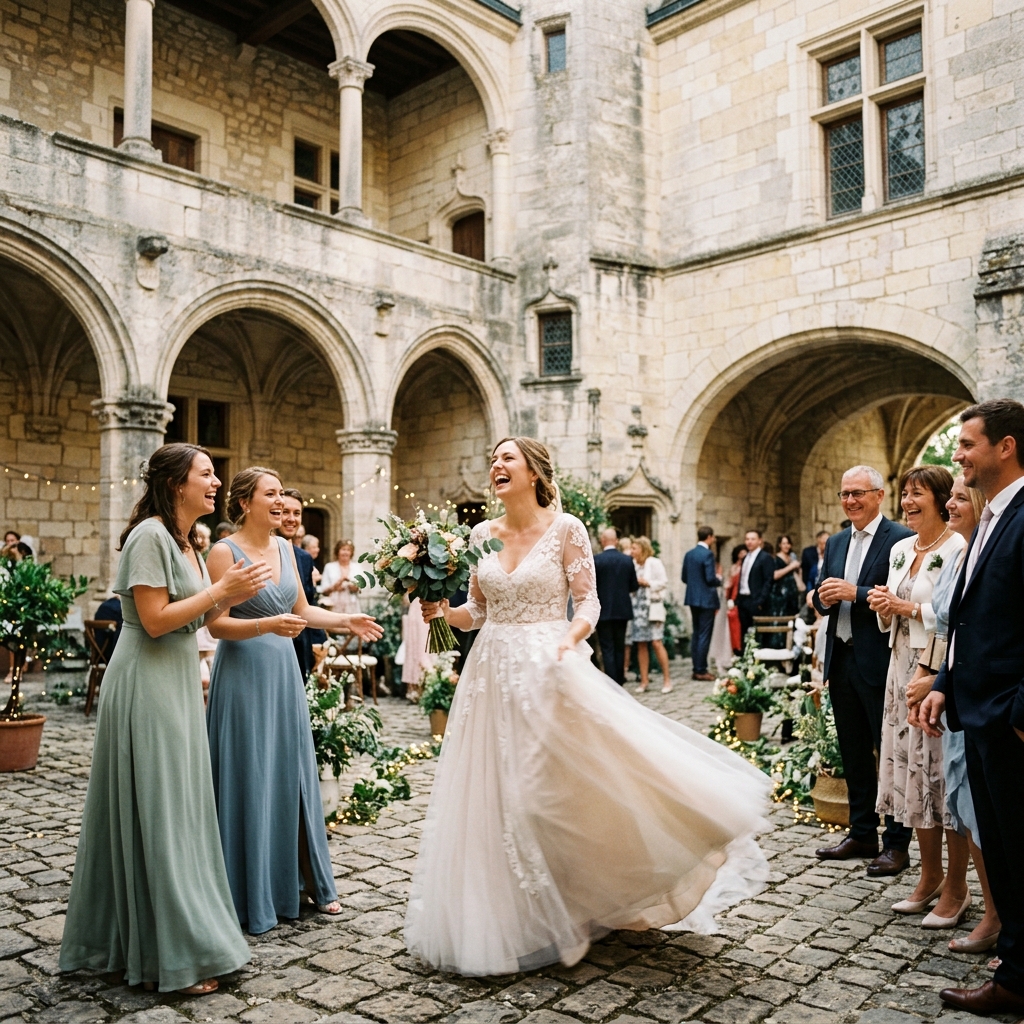 Rires spontanés d'une mariée en robe de dentelle avec ses demoiselles d'honneur dans la cour en pierre d'un château médiéval