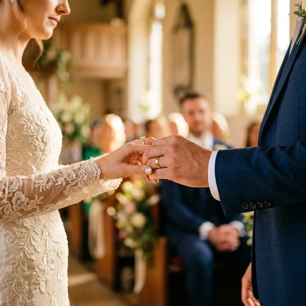 Gros plan poétique de mains de mariés s'enlaçant doucement à l'église lors de la cérémonie de mariage