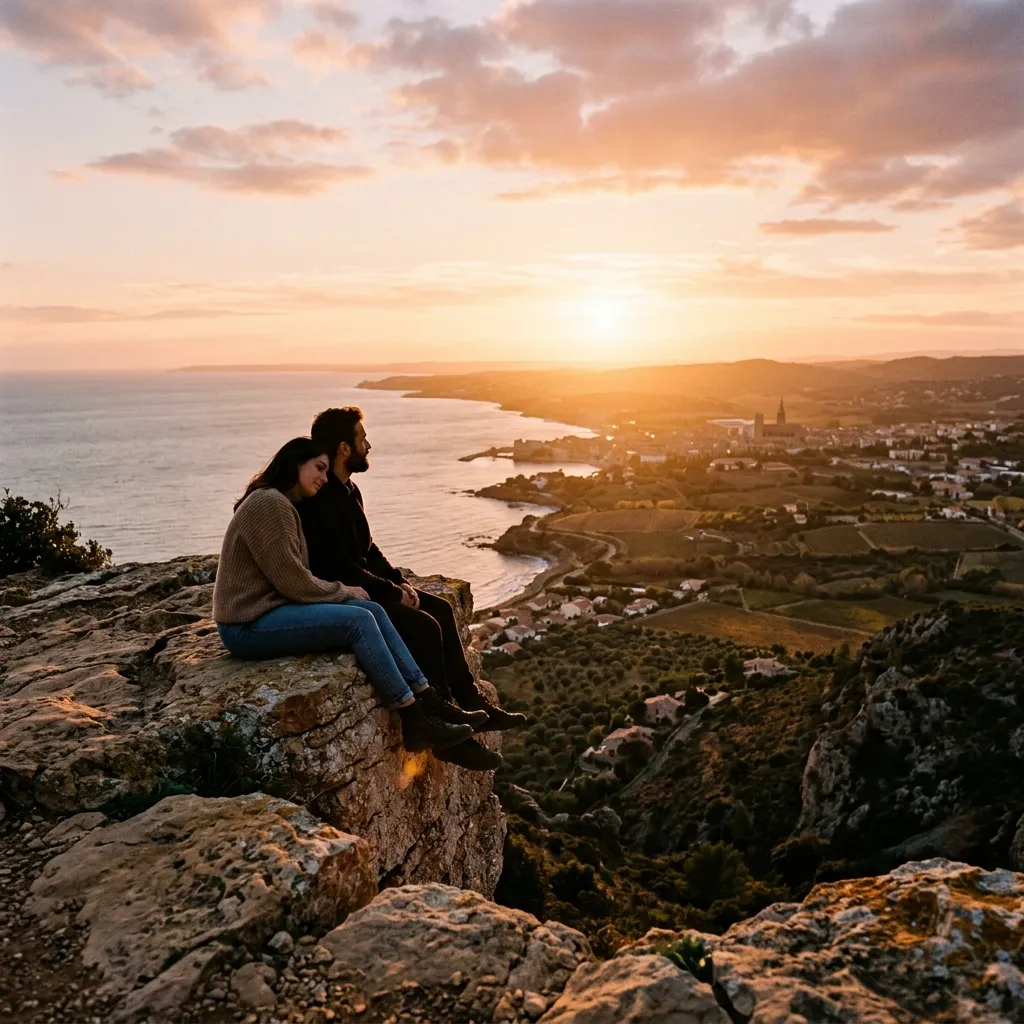Couple assis sur une falaise rocheuse au coucher du soleil face à la mer près de Béziers