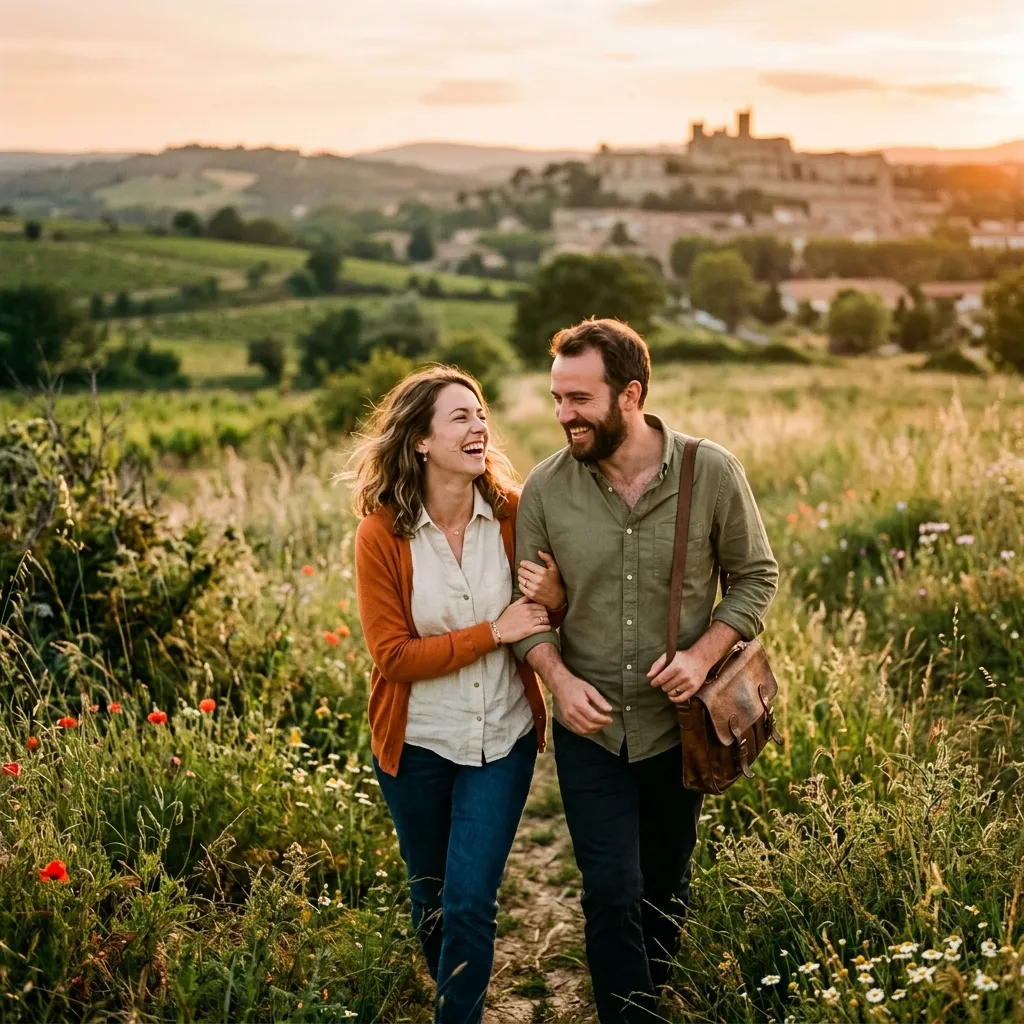 Couple complice souriant et marchant main dans la main dans les fleurs de garrigue près de Béziers