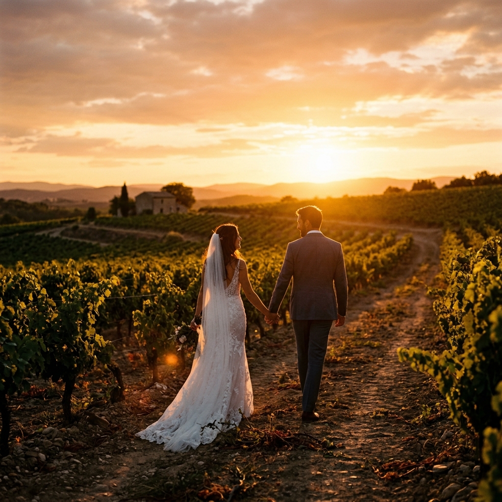 Silhouette poétique de mariés marchant main dans la main au coucher du soleil dans les vignes près de Béziers