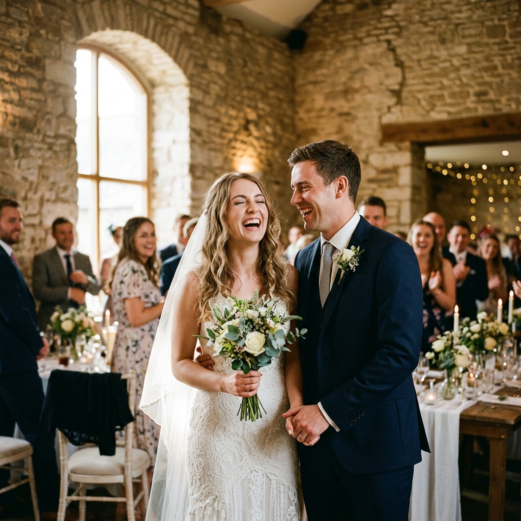 Mariés riant spontanément ensemble pendant leurs préparatifs de mariage à l'intérieur
