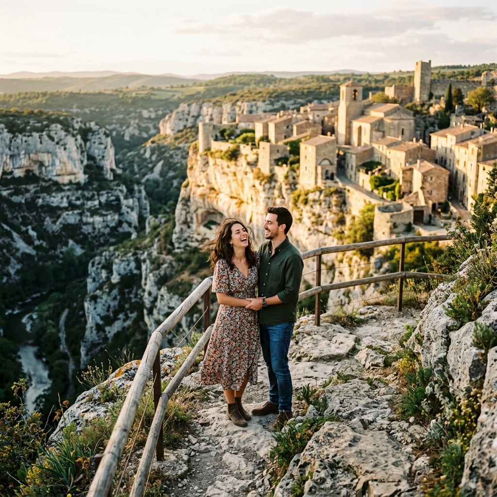 Couple s'enlaçant et riant sur un chemin en surplomb du canyon de calcaire blanc de Minerve au coucher de soleil