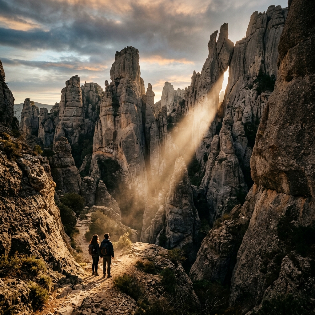 Couple debout au milieu des gigantesques et surréalistes monolithes de roches dolomitiques du Cirque de Mourèze sous des rayons de soleil