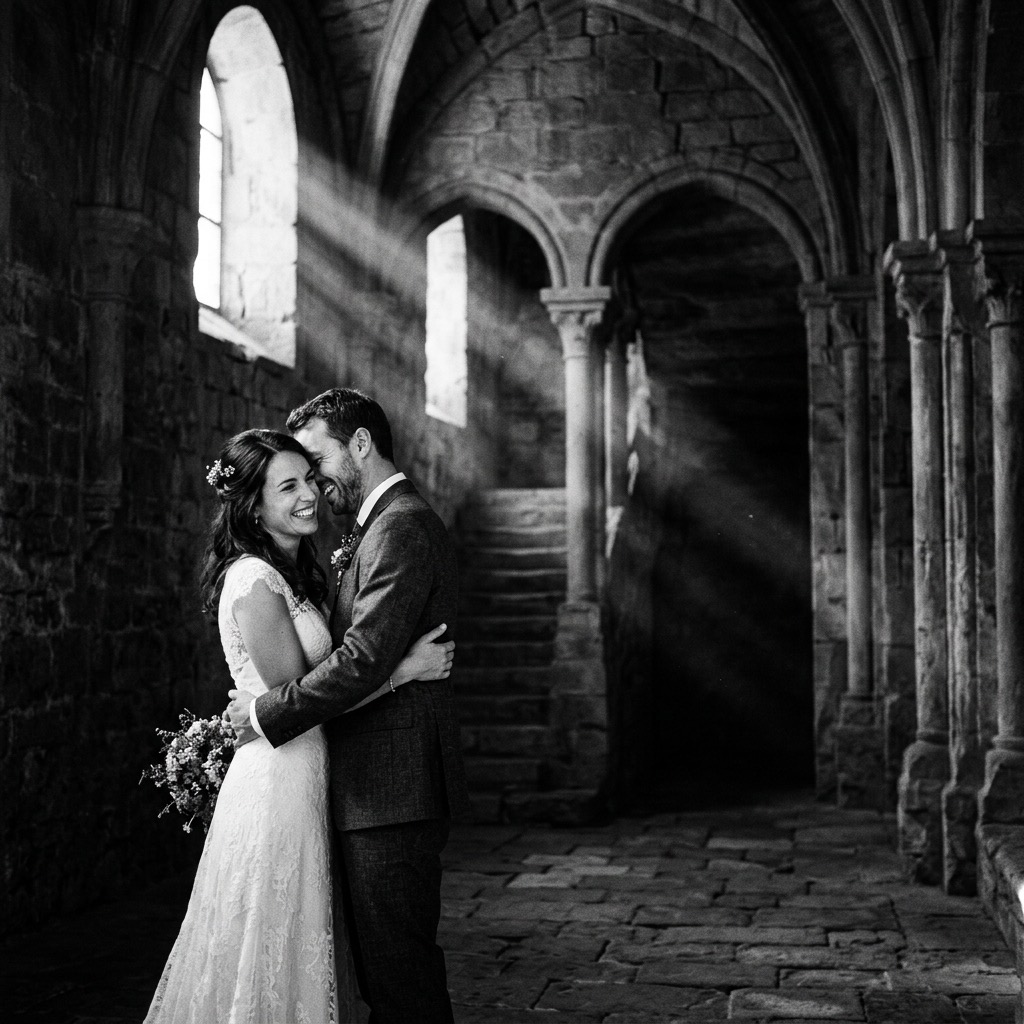 Portrait de couple marié spontané et complice dans les Corbières, Occitanie, capturant l'émotion brute avec élégance