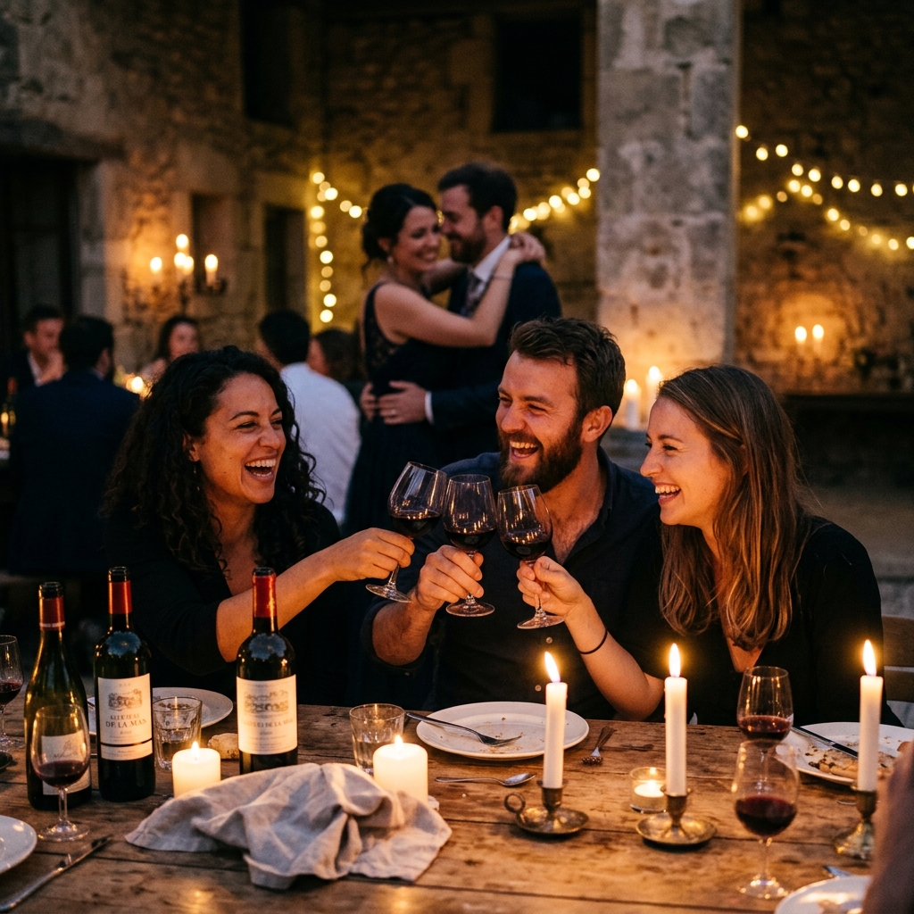 Invités riant aux éclats autour d'une table éclairée à la bougie